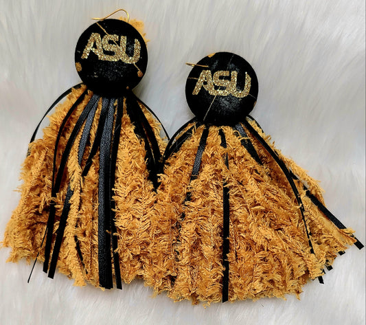 ASU Tassle earrings with Leather findings.